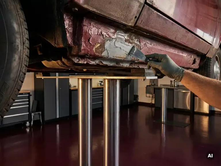 Handschoen van technicus onthult verborgen roest onder vulmiddel op de onderbak van een klassieke auto op een professionele hefbrug.