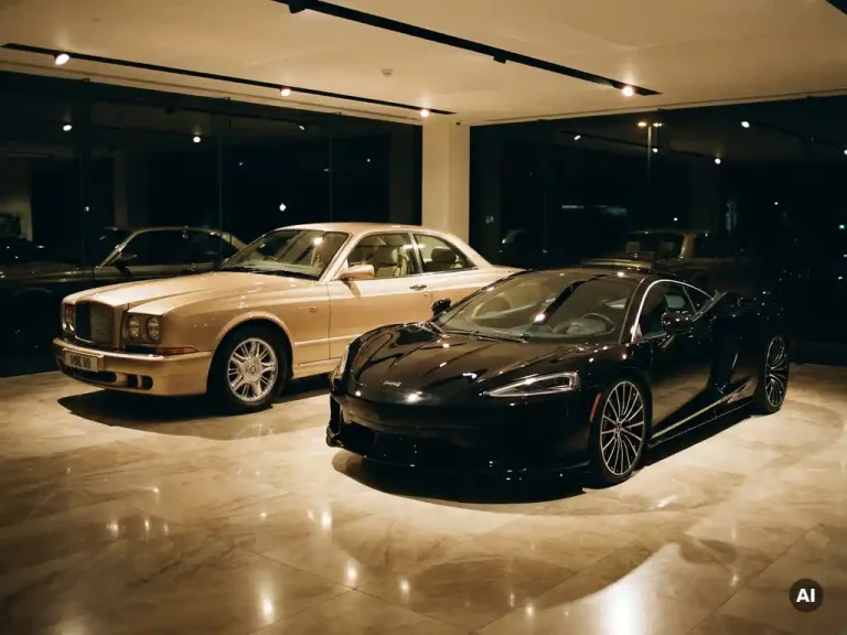 Klassieke jaren 90 Bentley naast een moderne gecertificeerde gebruikte supercar op marmeren showroomvloer, warm verlicht.