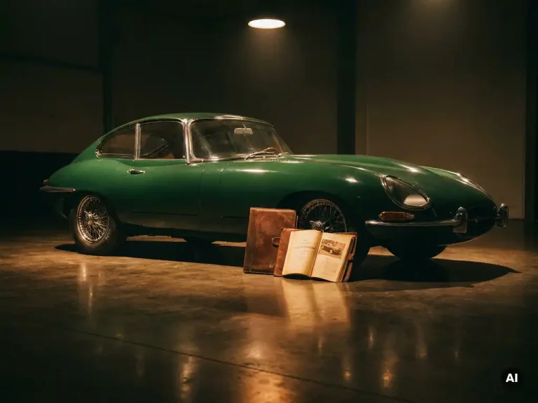 Brits-racinggroene klassieke sportwagen uit de jaren 60 in verlichte premium garage, met lederen portfolio naast het voorwiel.