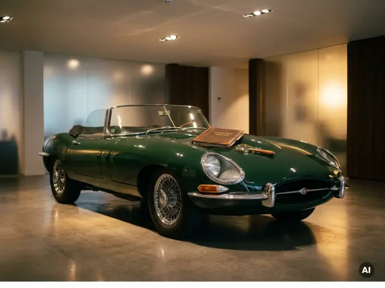 Klassieke Ferrari uit de jaren 60 in British racing green op gepolijst beton in Utrecht showroom, met leren taxatiedossier op de motorkap.