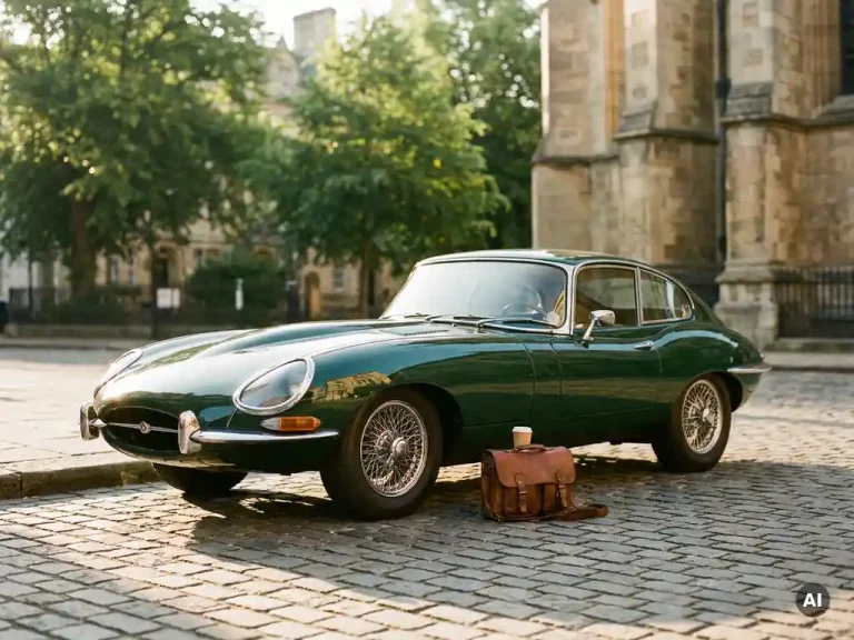 Glanzende Britse racinggroene klassieke auto uit de jaren 60 op een zonnig kasseienplein, met koffiekopje op een leren tas ernaast.