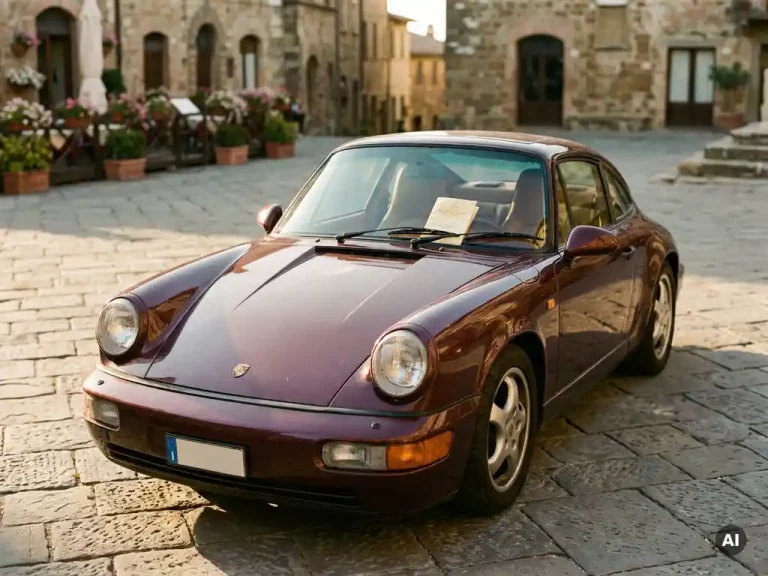 Klassieke jaren 90 sportwagen met patina op Europese kasseien, gouduur licht onthult chroomdetails en verzekeringsdocument onder ruitenwisser.