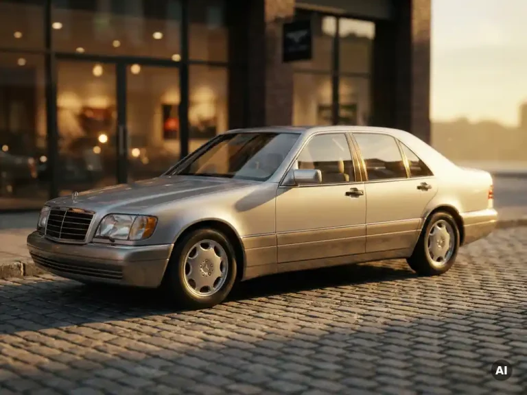 Glanzende zilveren klassieke luxeauto uit de jaren 90 op kinderkopjes, met warme gouden reflecties en een premium dealer op de achtergrond.
