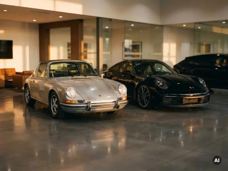 Vintage zilveren Porsche 911 naast moderne zwarte 911, gouden-uurlicht op gepolijst beton benadrukt contrast tussen klassiek en hedendaags design.
