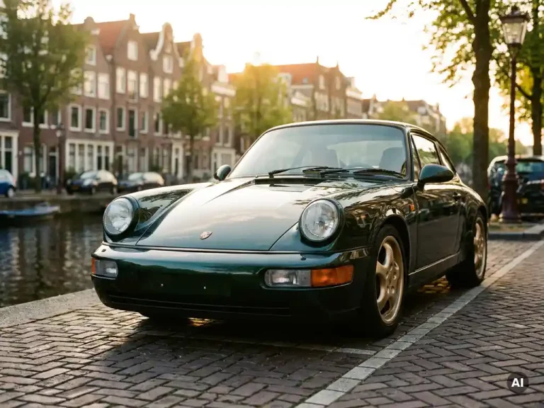 Glanzende jaren 90 Porsche 911 in Brits racinggroen geparkeerd op een zonnig Amsterdams keistraatje met historische gevels op de achtergrond.