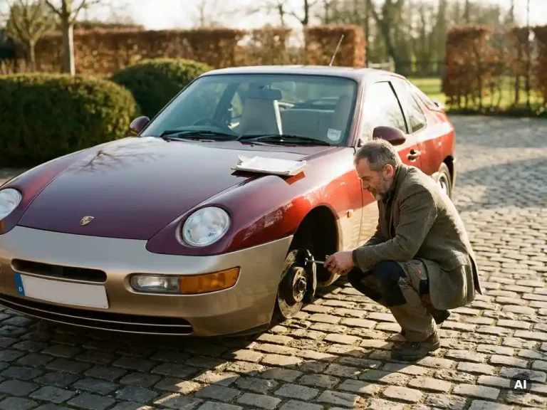 Autospecialist inspecteert wielombouw van glanzende bordeauxrode jaren 90 sportwagen op zonnig kinderkopjespad.