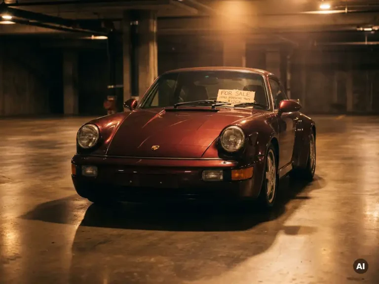 Glanzende bordeauxrode sportwagen uit de jaren 90 in ondergrondse garage, verlicht door warm amberkleurig spotlicht met prijskaartje op de voorruit.