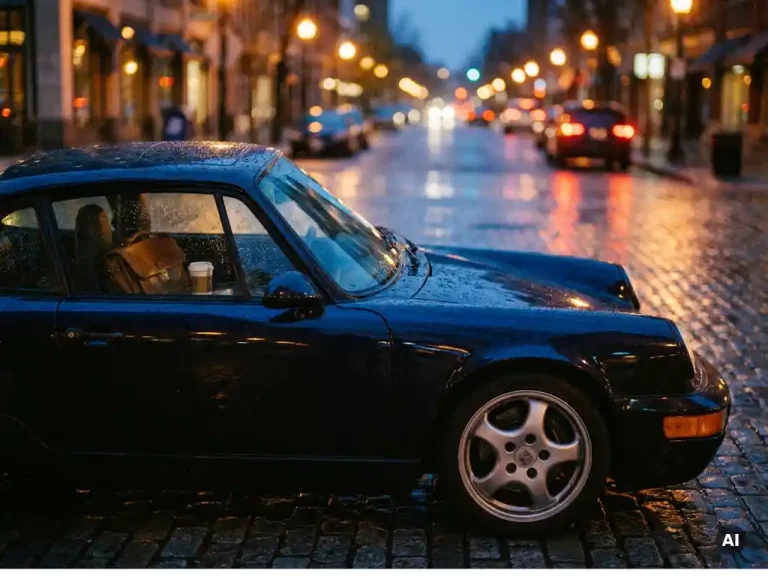 Glanzende jaren 90 sportwagen in middernachtblauw geparkeerd op natte stadsstraat bij schemering, met reflecties en bokeh straatlantaarns.