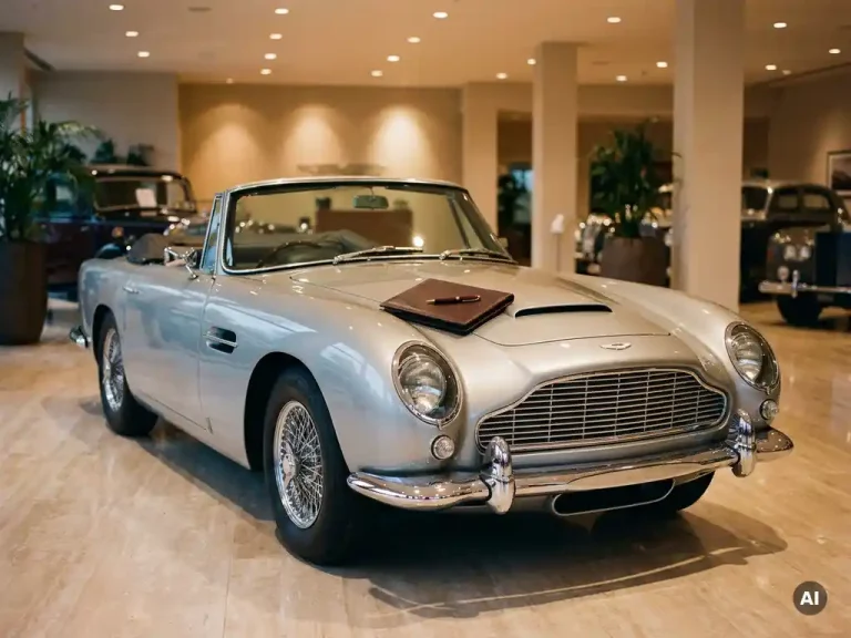 Glanzende klassieke sportwagen uit de jaren 60 in showroom met leren documentenmap en pen op de motorkap.