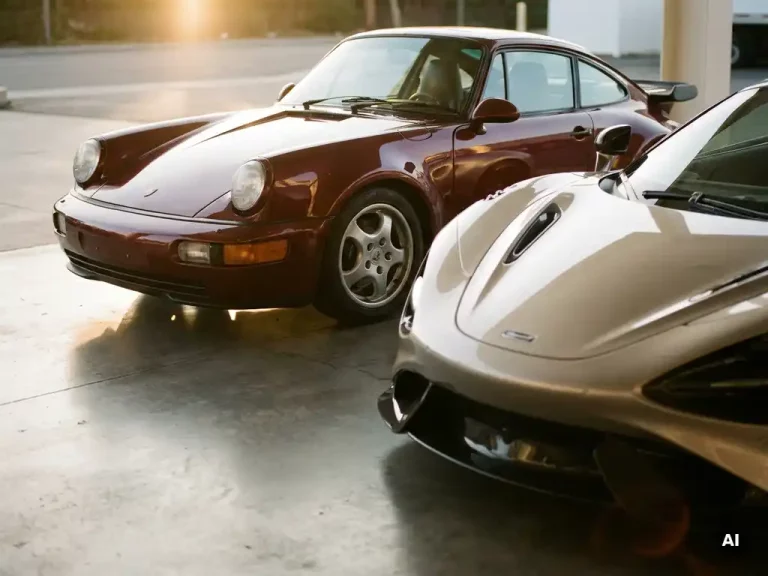 Klassieke jaren 90 sportwagen naast moderne luxe supercar op betonvloer, gouden uursverlichting op bordeaux en champagnekleurige carrosserie.