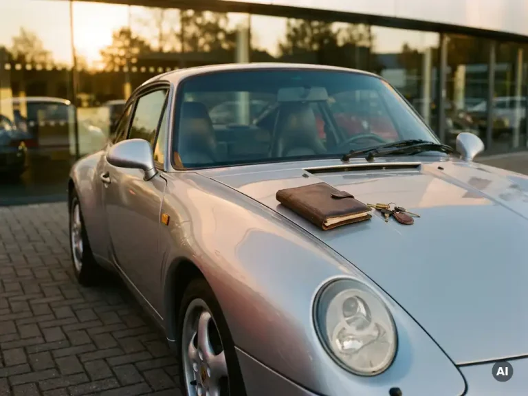 Zilveren jaren 90 sportwagen op een Utrecht dealerforecourt bij gouden uur, met een lederen documentenmap en vintage sleutels op de motorkap.