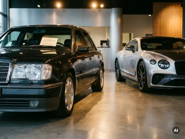 Klassieke Europese youngtimer naast een moderne Bentley in showroom, met Nederlands belastingdocument onder de ruitenwisser.