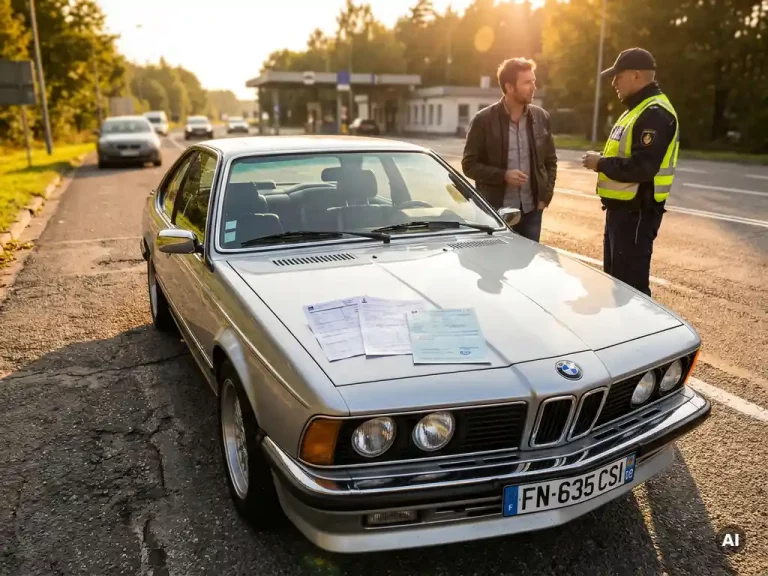 Klassieke jaren 80 sportwagen met buitenlands kenteken bij Nederlandse grensovergang, douanedocumenten op de motorkap, gouden middaglicht.
