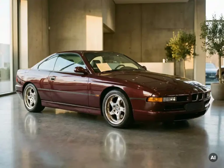 Klassieke jaren 90 Europese sportwagen in bordeauxrood geparkeerd in minimalistische luxe showroom met belastingdocument onder de ruitenwisser.