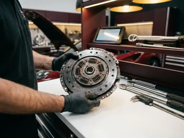 Mechanicushanden onderzoeken versleten koppelingsschijf van sportwagen op witte werkbank in luxe garage