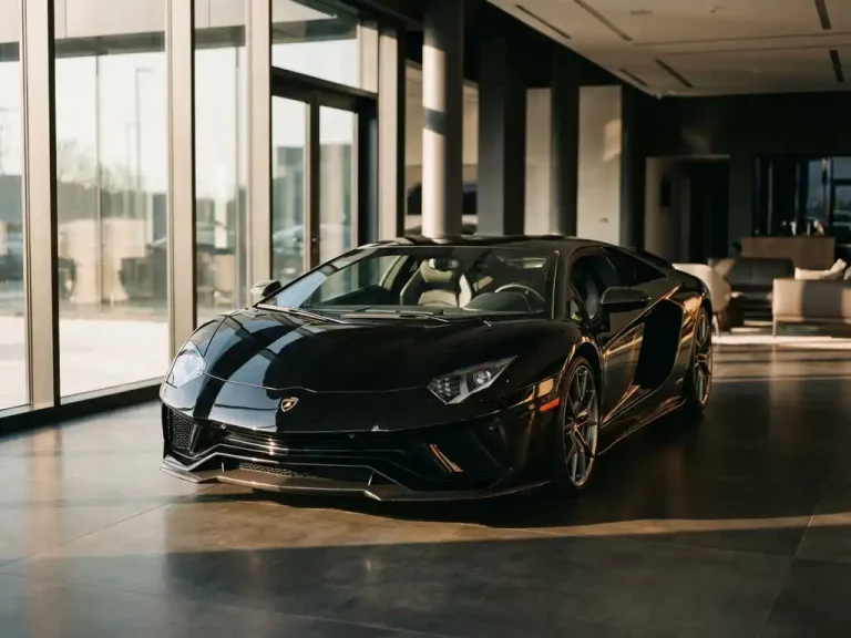 Zwarte Lamborghini Aventador in moderne showroom met betonnen vloeren en grote ramen, koolstofvezel details zichtbaar