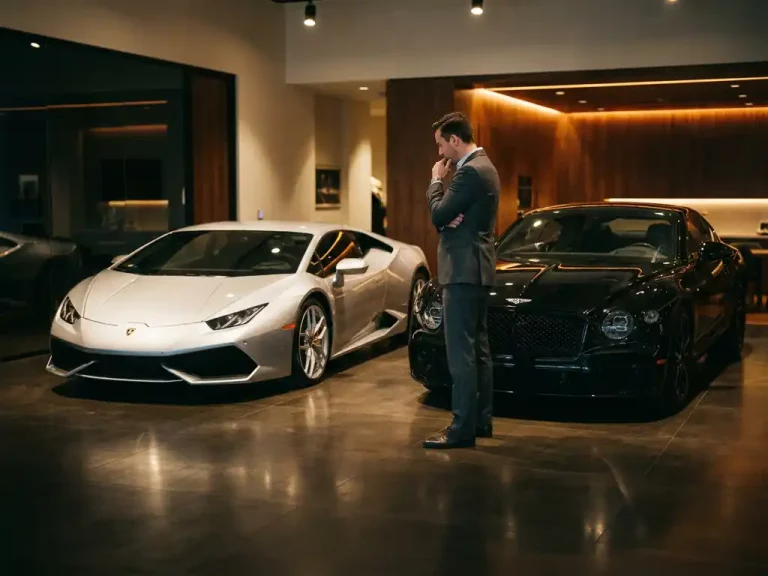 Zilveren Lamborghini en zwarte Bentley naast elkaar in luxe showroom met zakenman in pak die overweegt welke te kiezen