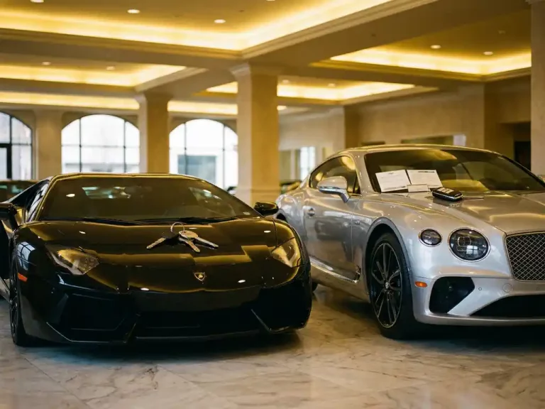 Zwarte Lamborghini en zilveren Bentley naast elkaar in luxe showroom met marmeren vloer en gouden verlichting