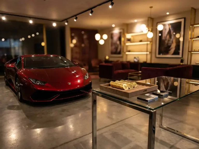Rode Lamborghini sportwagen naast glazen bureau met gouden Bitcoin-munten en cryptocurrency hardware wallets in luxe showroom