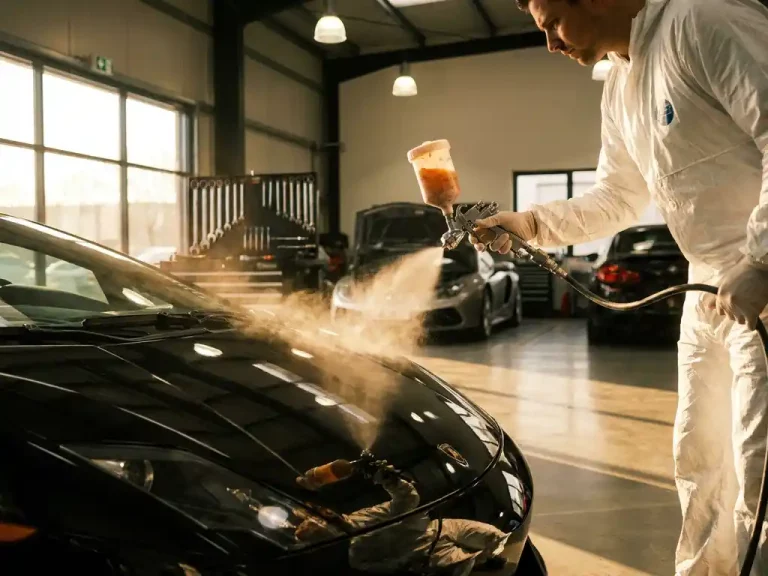 Technicus in witte handschoenen past clear coat toe op glanzende zwarte Lamborghini motorkap in luxe autowerkplaats
