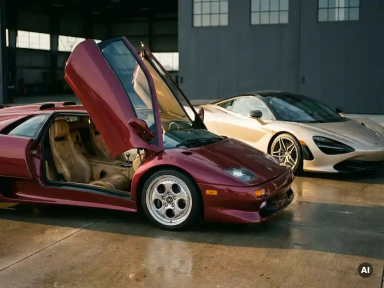 Metallic bordeauxrode jaren 90 Lamborghini Diablo in middagzon, met chroomdetails en leren interieur zichtbaar door open deur.
