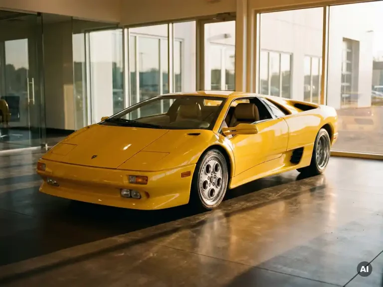 Gele Lamborghini Diablo uit de jaren 90 in luxe showroom met betonnen vloer en gouden middaglicht door grote ramen.