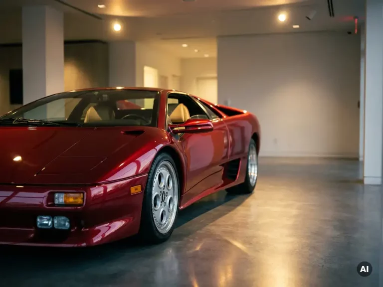 Rode Lamborghini Diablo uit de jaren 90 in een minimalistische luxe showroom met gouden spotlights op gepolijst beton.
