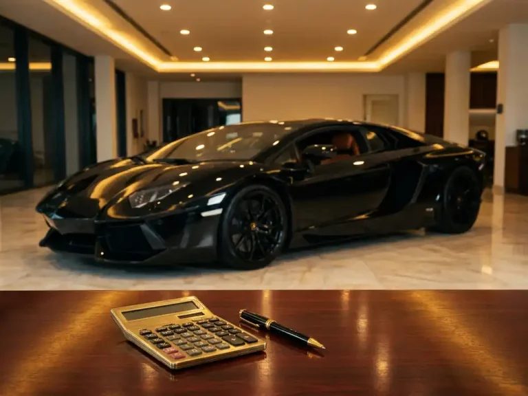 Zwarte Lamborghini op marmeren showroomvloer met maandelijkse betalingscalculator en luxe pen op mahonie bureau op voorgrond