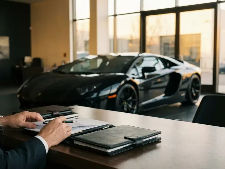 Zwarte Lamborghini in moderne showroom met financieringsdocumenten op mahoniehout bureau, gouden zonlicht door ramen