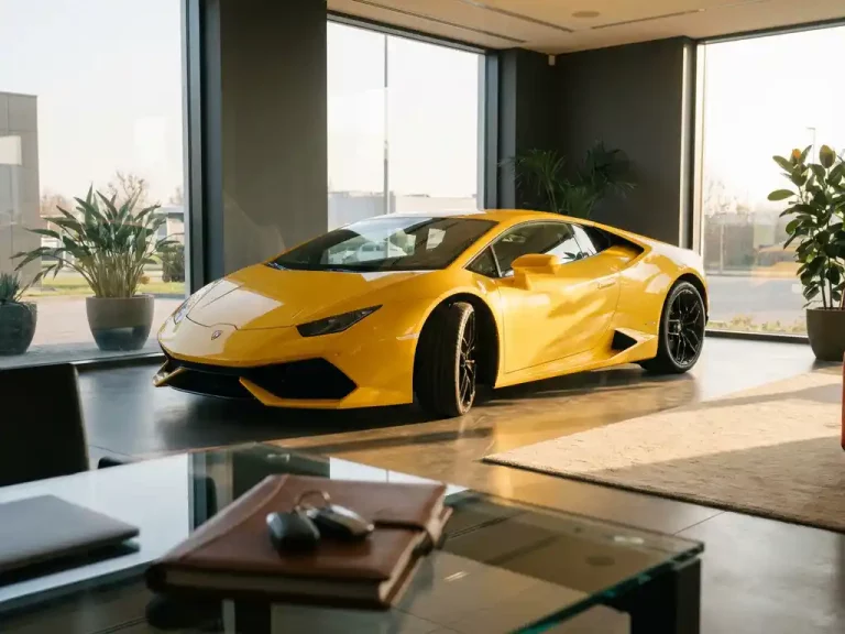 Gele Lamborghini Huracán in moderne showroom met glazen bureau en sleutels op voorgrond