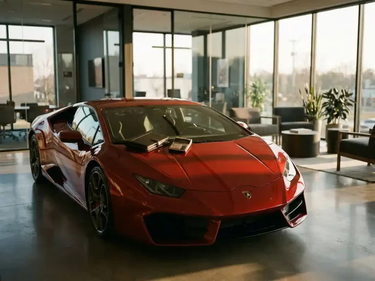 Rode Lamborghini Huracán geparkeerd in modern kantoor met glazen wanden, leren portfolio en rekenmachine op motorkap