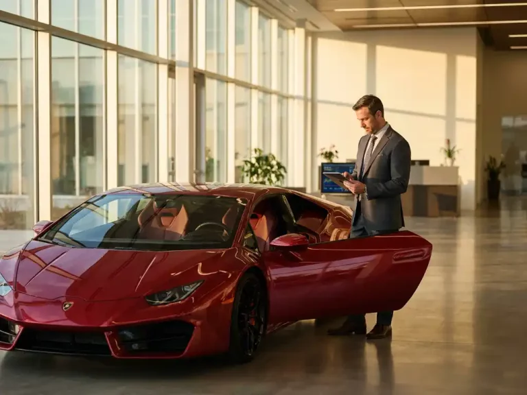 Rode Lamborghini Huracán in moderne glazen kantoorlobby met zakenman die financiële documenten bekijkt op tablet