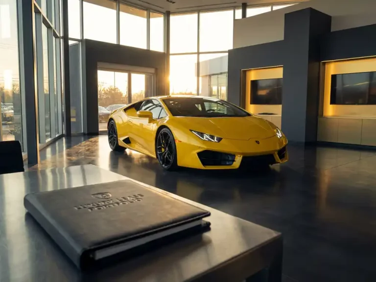 Gele Lamborghini Huracán in moderne glazen showroom met leasecontract op stalen bureau op voorgrond