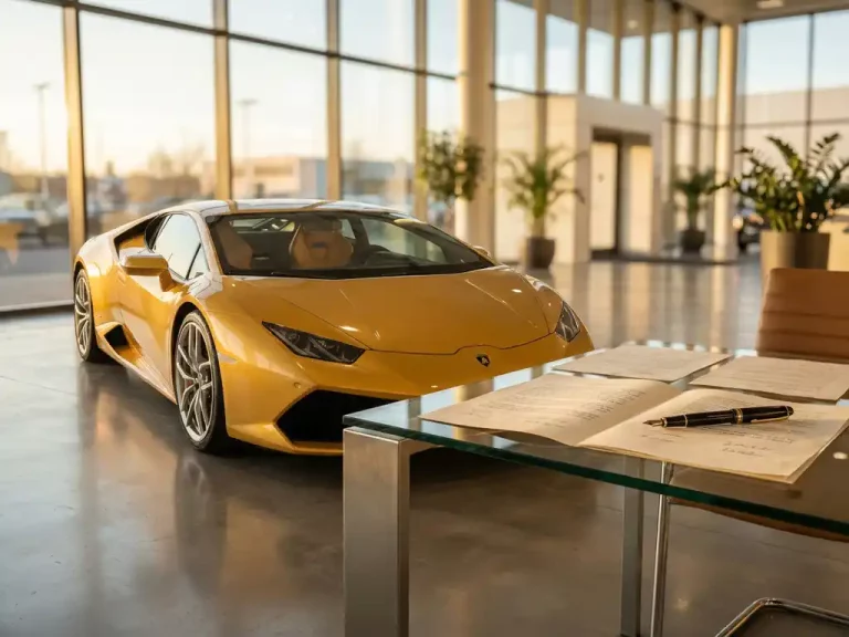 Gele Lamborghini Huracán naast glazen bureau met financiële documenten in luxe showroom met natuurlijk licht