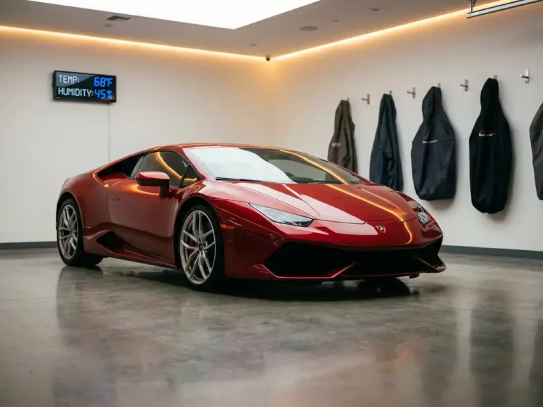 Rode Lamborghini in klimaatgecontroleerde garage met gepolijste betonvloeren en LED-verlichting