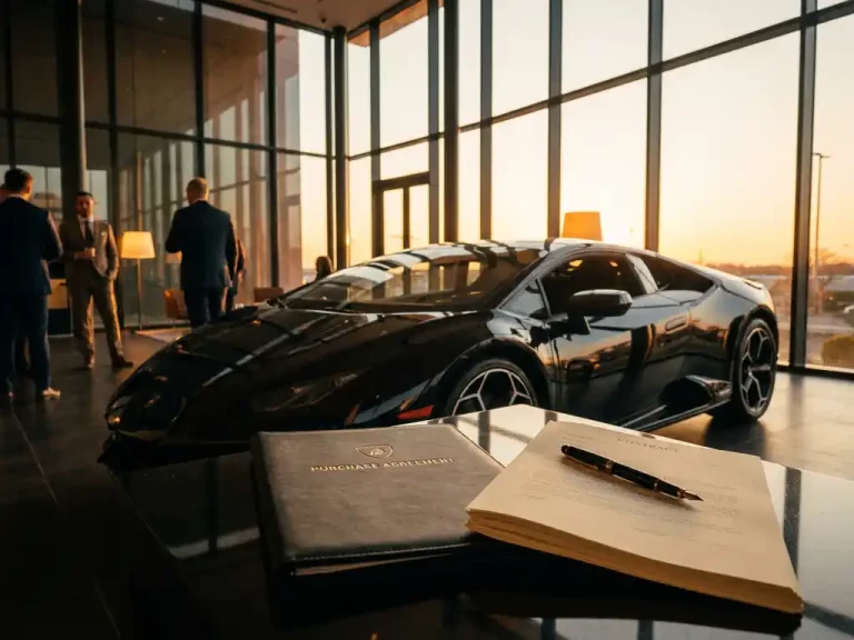 Zwarte Lamborghini in moderne showroom met leren contractdocumenten en pen op de motorkap, gouden zonlicht door glazen wanden