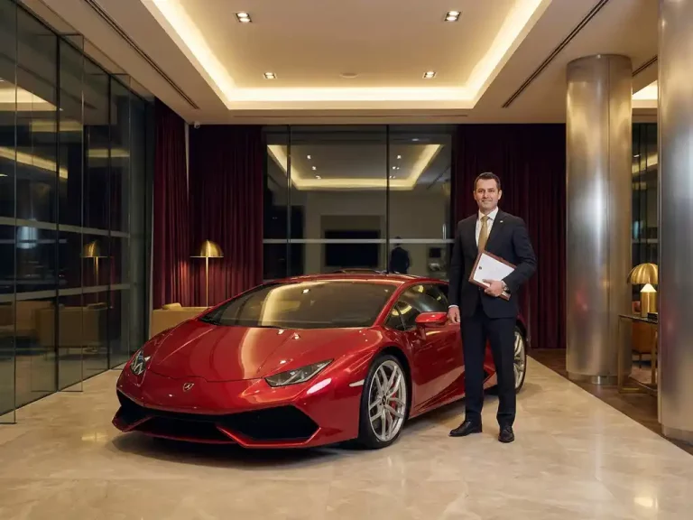 Rode Lamborghini sportwagen in luxe showroom met zakenman in pak die leasecontracten vasthoudt