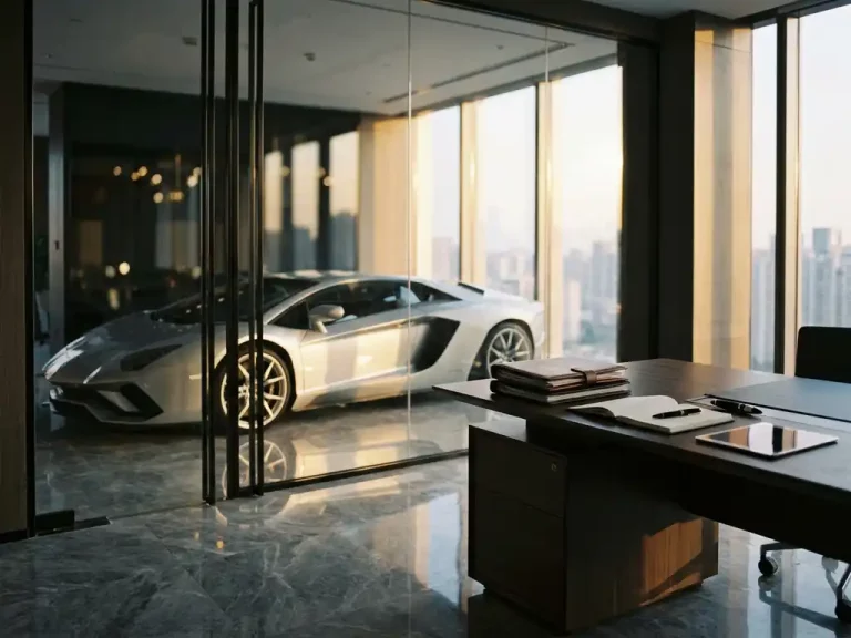 Zilveren Lamborghini in moderne kantoorruimte met glazen wanden, marmeren vloeren en zakelijke documenten op bureau