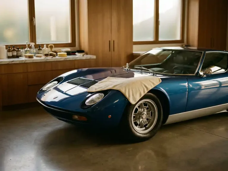Vintage Lamborghini Miura in metallic blauw met microvezeldoek in luxe garage met professionele detailing tools