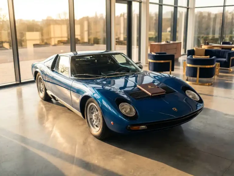 Vintage Lamborghini Miura in diepblauw metallic geparkeerd in glazen showroom met contractmap op motorkap