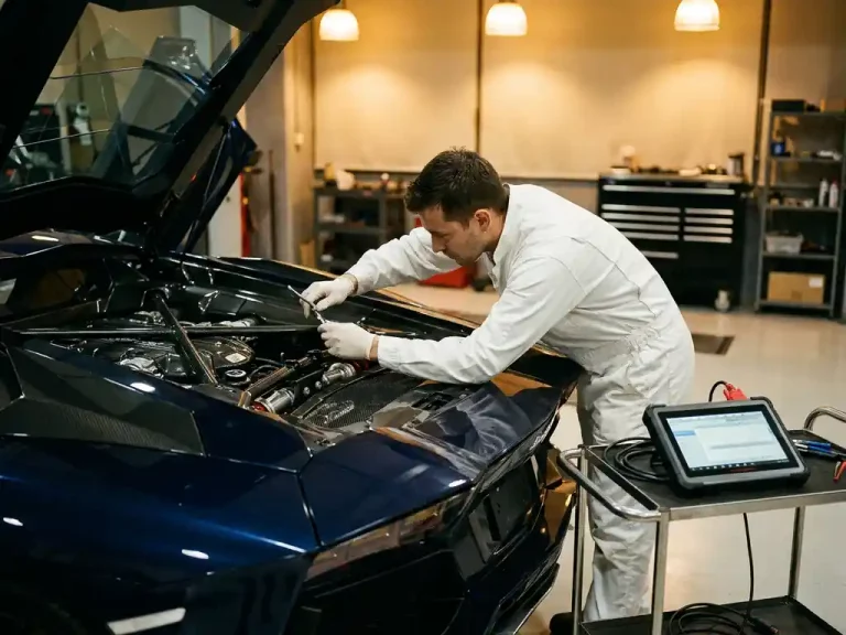 Technicus in witte overall inspecteert motor van donkerblauwe Lamborghini met diagnostische apparatuur in professionele garage
