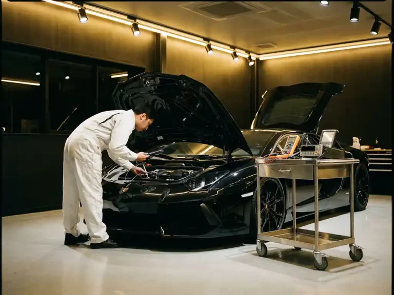Technicus in witte overall inspecteert motor van zwarte Lamborghini met diagnostische gereedschappen in luxe garage