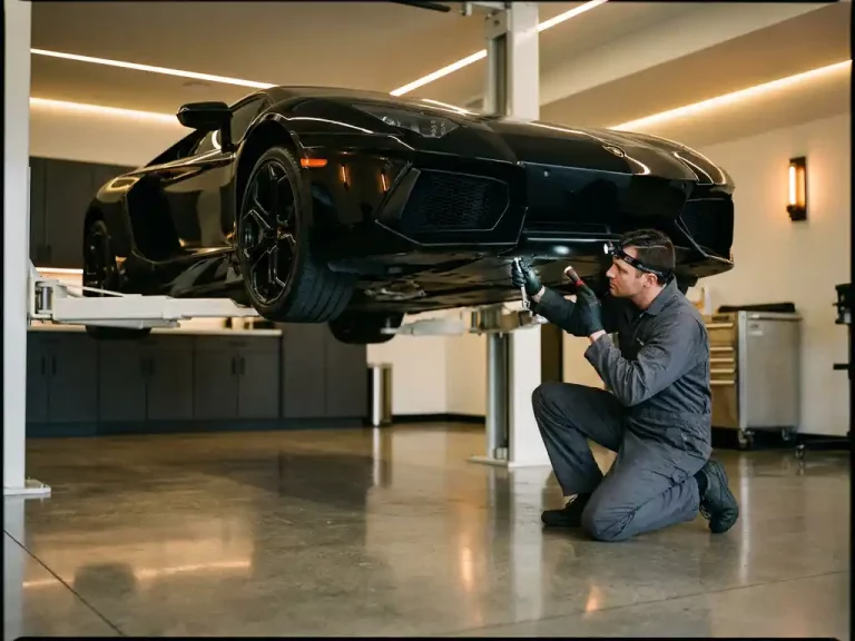 Zwarte Lamborghini op hydraulische lift terwijl monteur het onderstel inspecteert in luxe garage met LED-verlichting