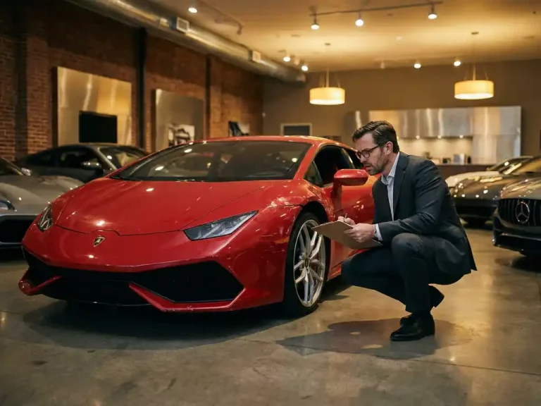 Rode Lamborghini met deuk en krassen in showroom terwijl verzekeringsexpert met klembord schade inspecteert