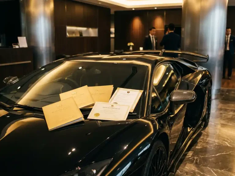 Zwarte Lamborghini in luxe showroom met gouden verzekeringsdocumenten op de motorkap, marmeren vloeren en warme verlichting
