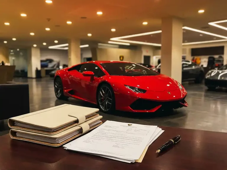 Rode Lamborghini Huracán in luxe showroom met verzekeringsdocumenten en vulpen op mahonie bureau