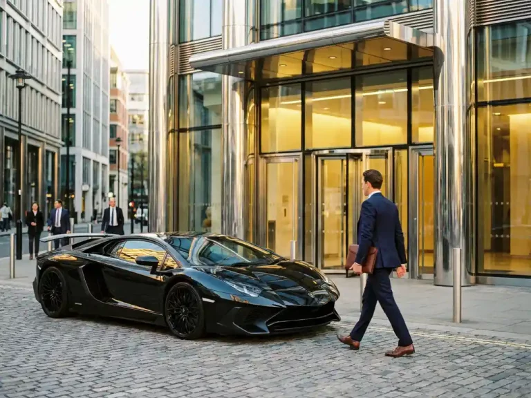 Glanzende zwarte Lamborghini voor modern glazen bankgebouw met zakenman in marineblauw pak die naar ingang loopt