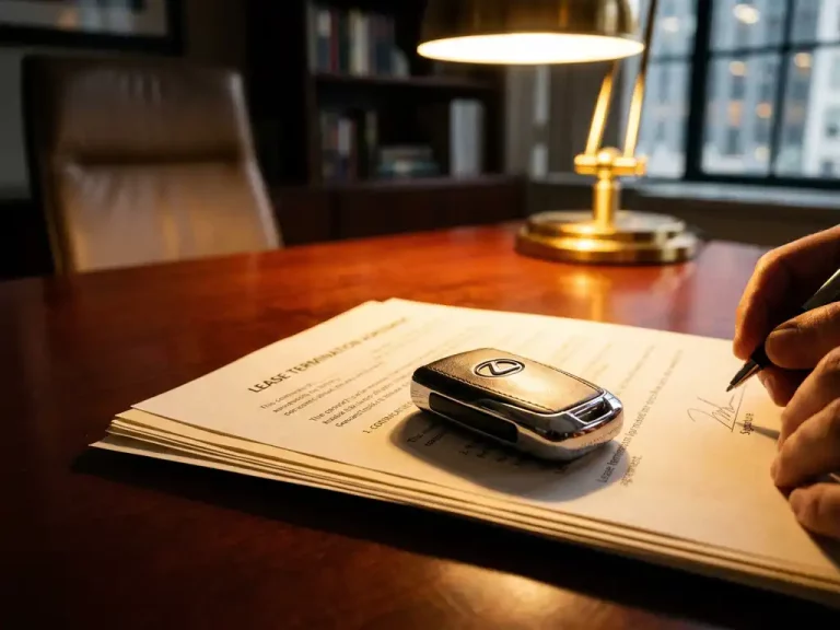 Luxe autosleutel op mahoniehout bureau naast gedeeltelijk ondertekend lease-beëindigingsdocument onder warme bureaulamp