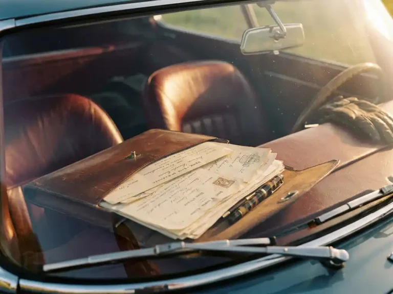 Vintage leren portfolio met bankdocumenten en leningspapieren op mahoniehout dashboard van klassieke luxe sportwagen