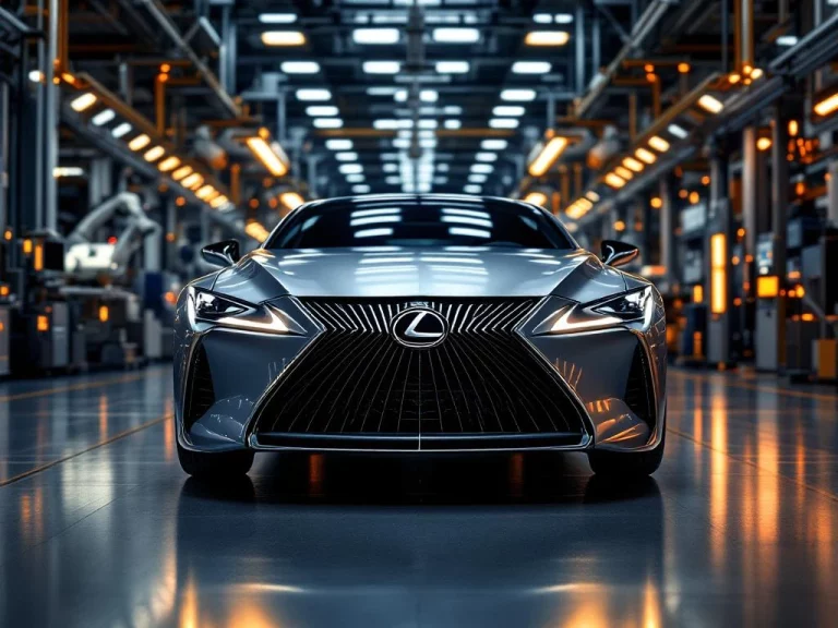 Moderne Lexus auto in geavanceerde autofabriek met robotarmen en hightech productiemachines op gepolijste betonvloer